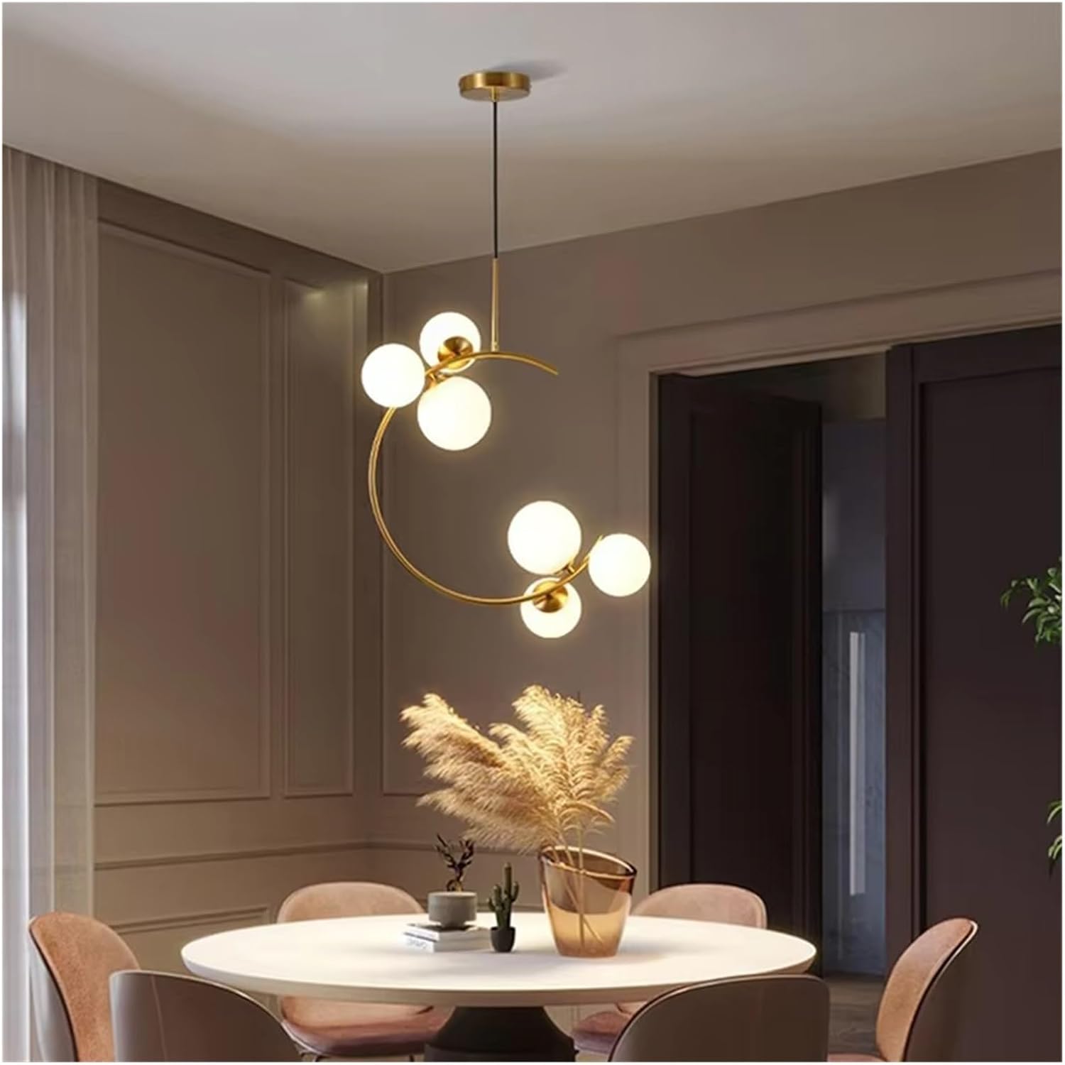 White Glass G9 Bulb Pendant Light Gold Metal Home Hanging Lamp for Dining Room Bedroom Foyer,Modern Lighting-Warm White-6lights